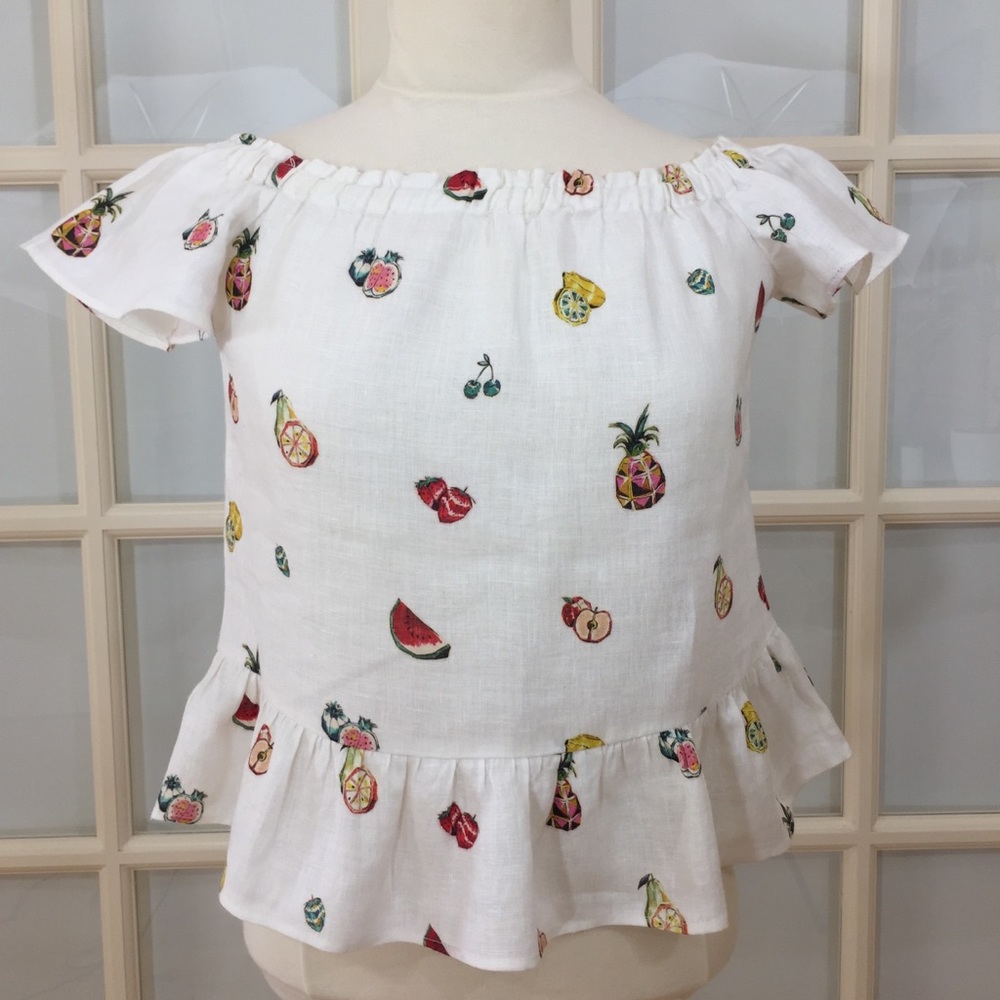 Zara Basic 100% Linen Fruit Print Off The Shoulder Top S - Picture 5 of 8